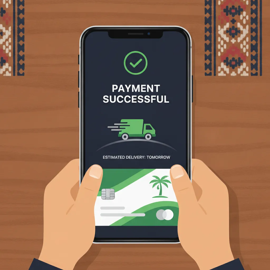 شاشة هاتف تعرض تأكيد دفع إلكتروني وخدمة شحن في السعودية